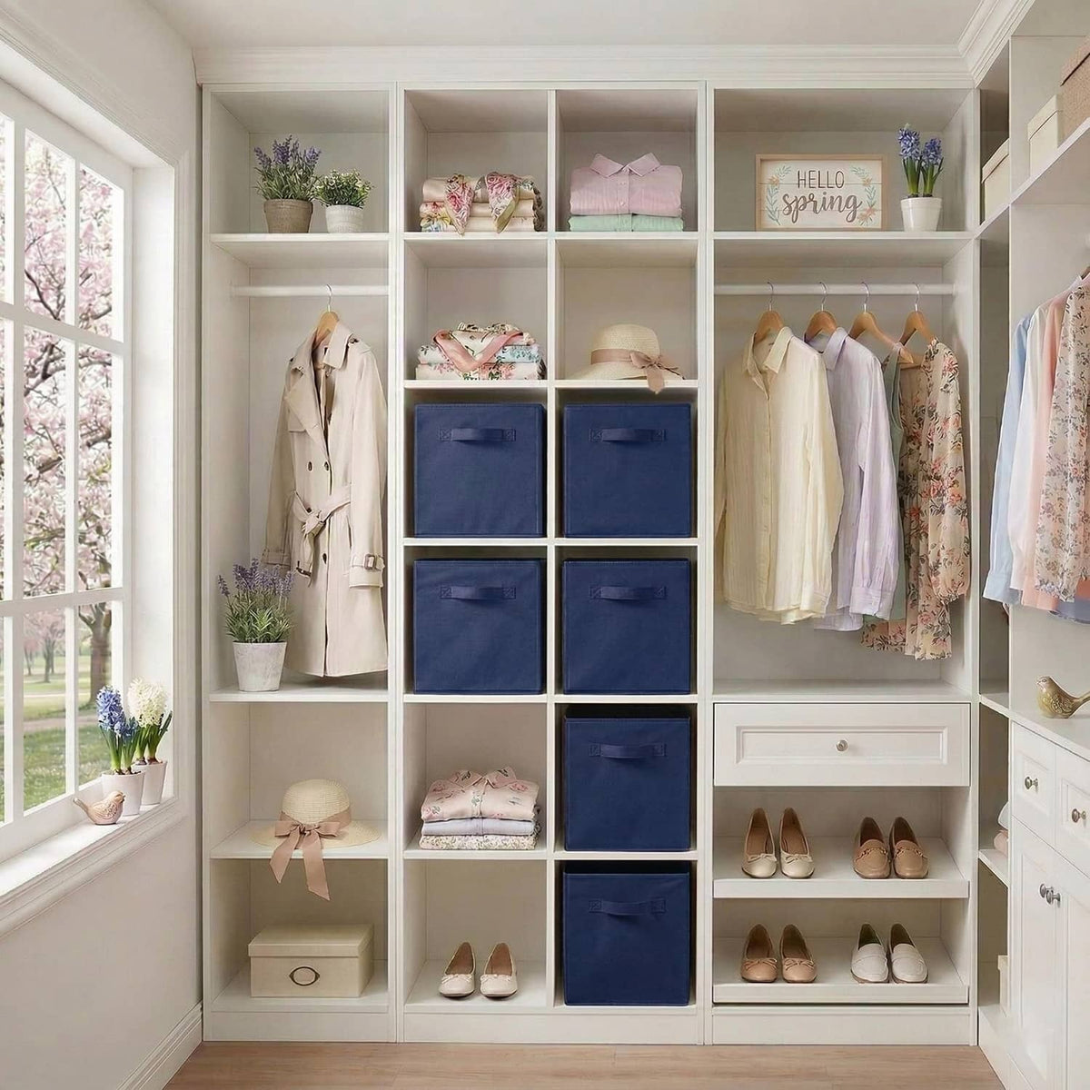 Dark blue fabric storage cubes in a closet shelving grid with handles
