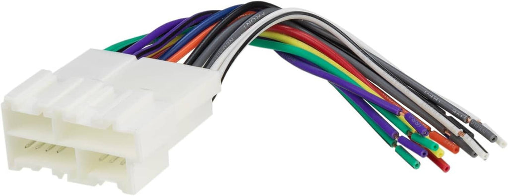 White car stereo wiring harness plug with bundled multi-color wires