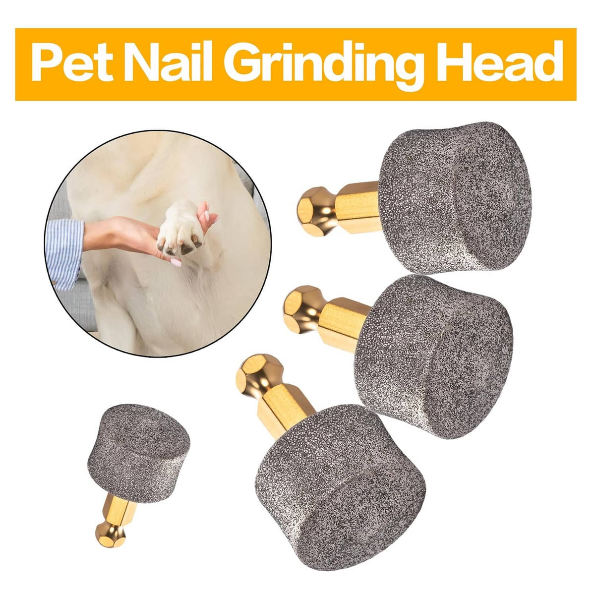 Pet nail grinding heads with gray diamond-textured tips and gold stems (4 shown)