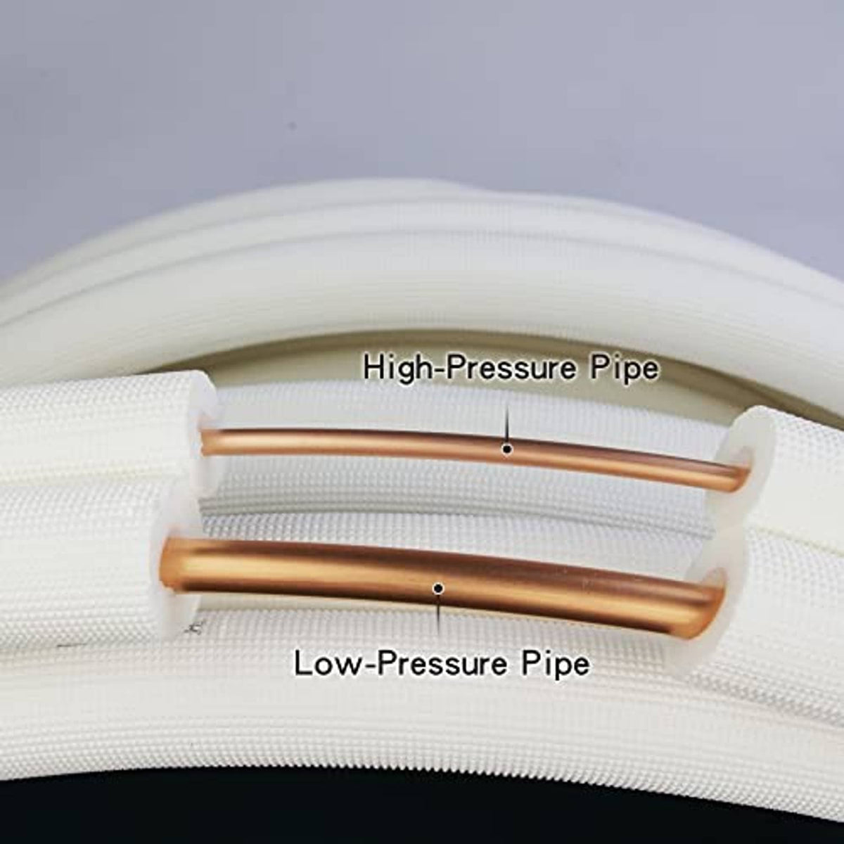 Close-up of two copper pipes inside white insulated line set