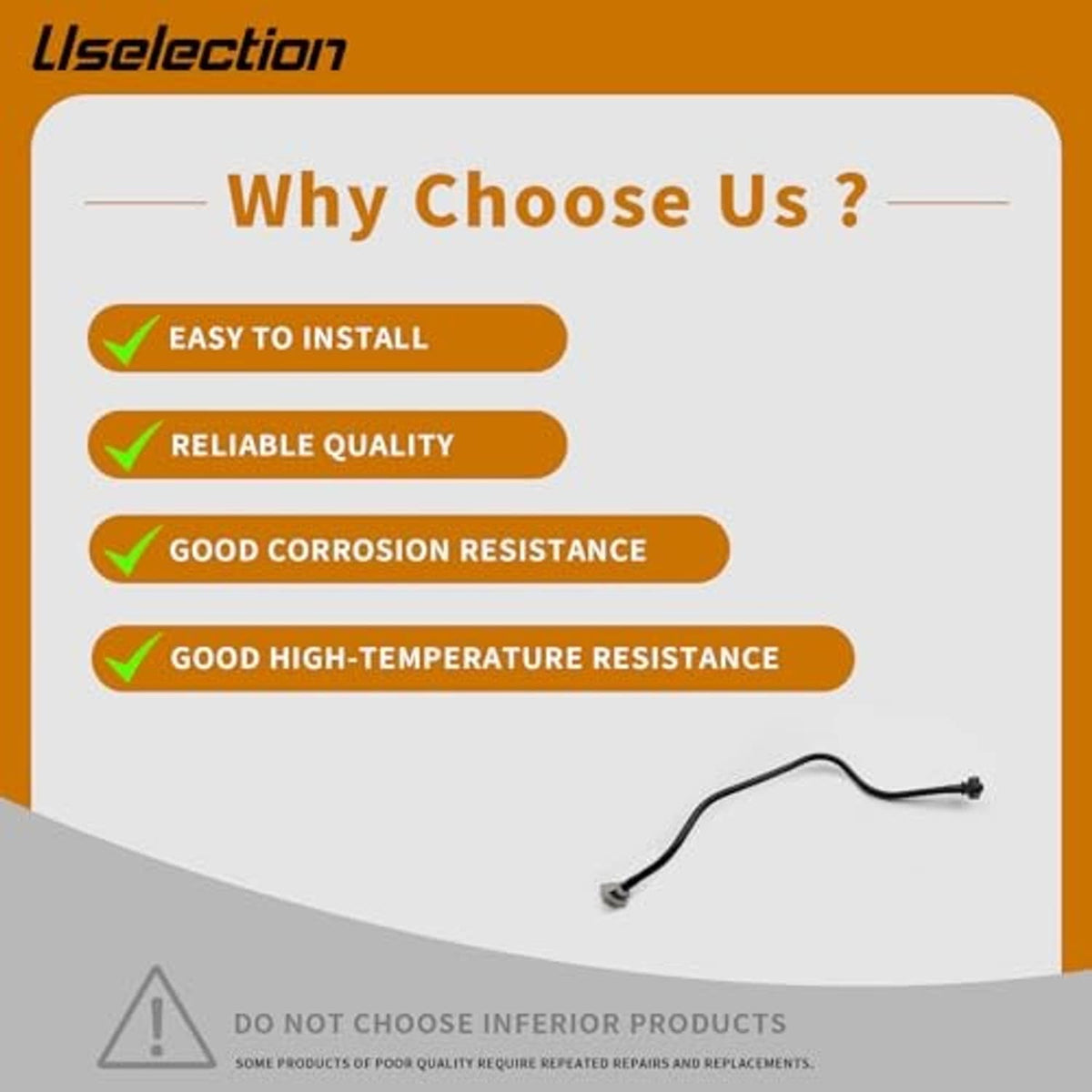 Black coolant overflow hose with end connector, curved line shown on infographic layout