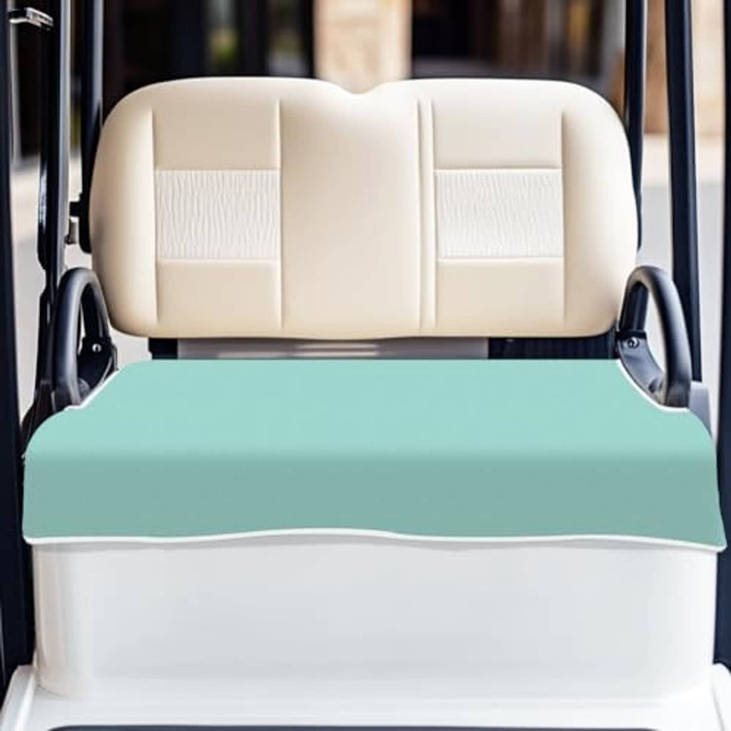 Mint seat cover blanket over golf cart front bench, smooth microfiber surface
