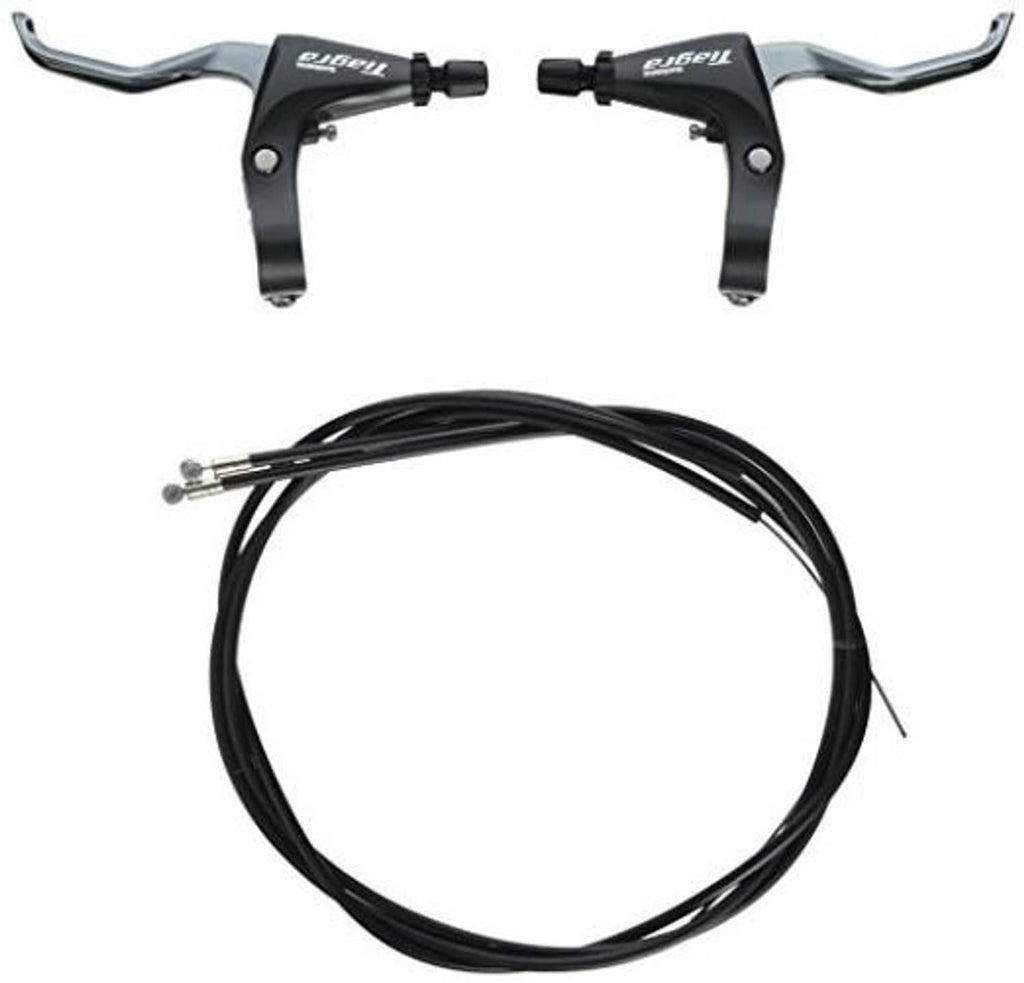 Pair of black Shimano Tiagra road bike brake levers with two black brake cables
