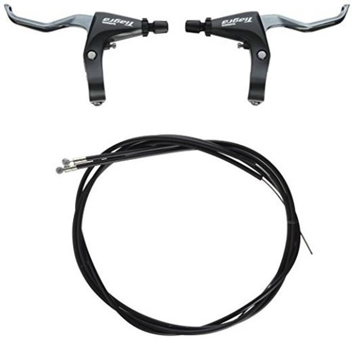 Pair of black Shimano Tiagra road bike brake levers with two black brake cables