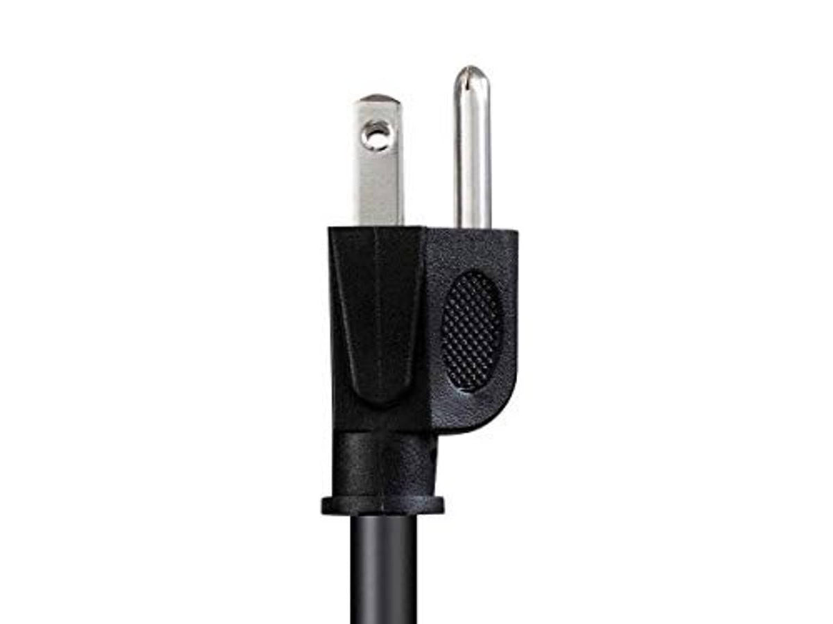 Black NEMA 5-15P plug with two prongs on a power cord