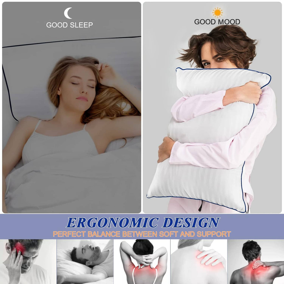 White pillow with blue piping, hugged while resting
