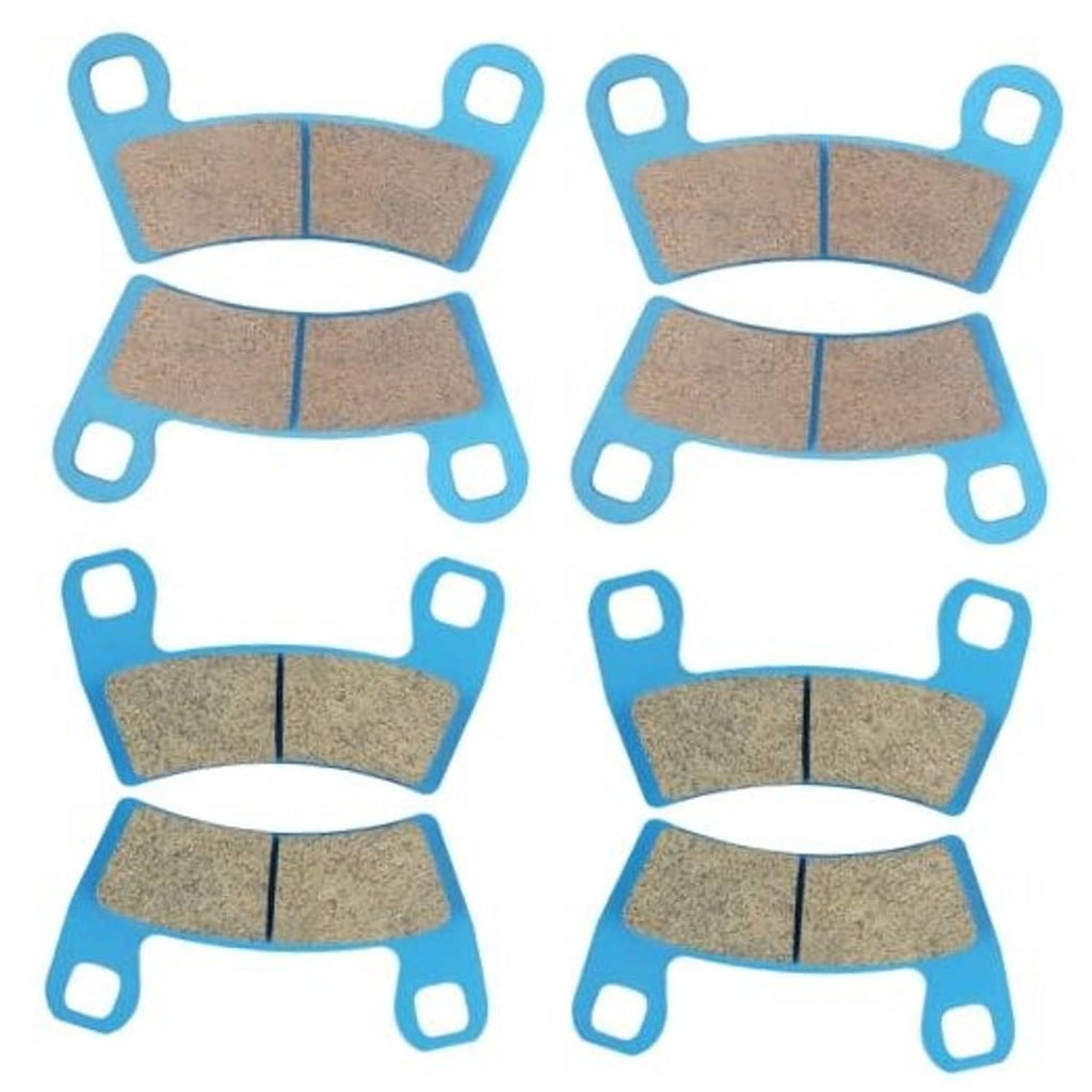 Ceramic brake pad set with blue backing and brown friction material, multiple pairs