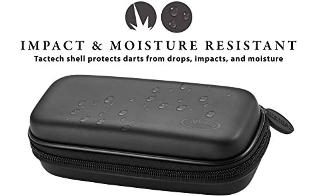 Black impact-resistant dart case with textured shell and water-drop surface