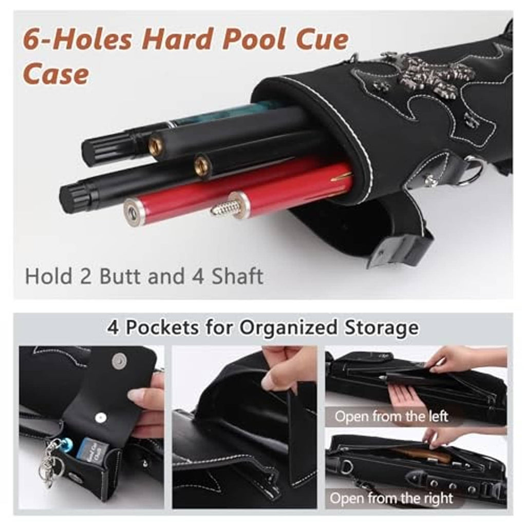 Black pool cue case with 6 cue slots, zipper opening, and organized storage pockets