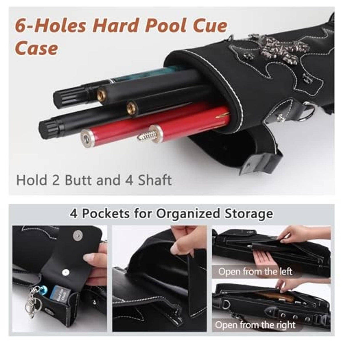 Black pool cue case with 6 cue slots, zipper opening, and organized storage pockets