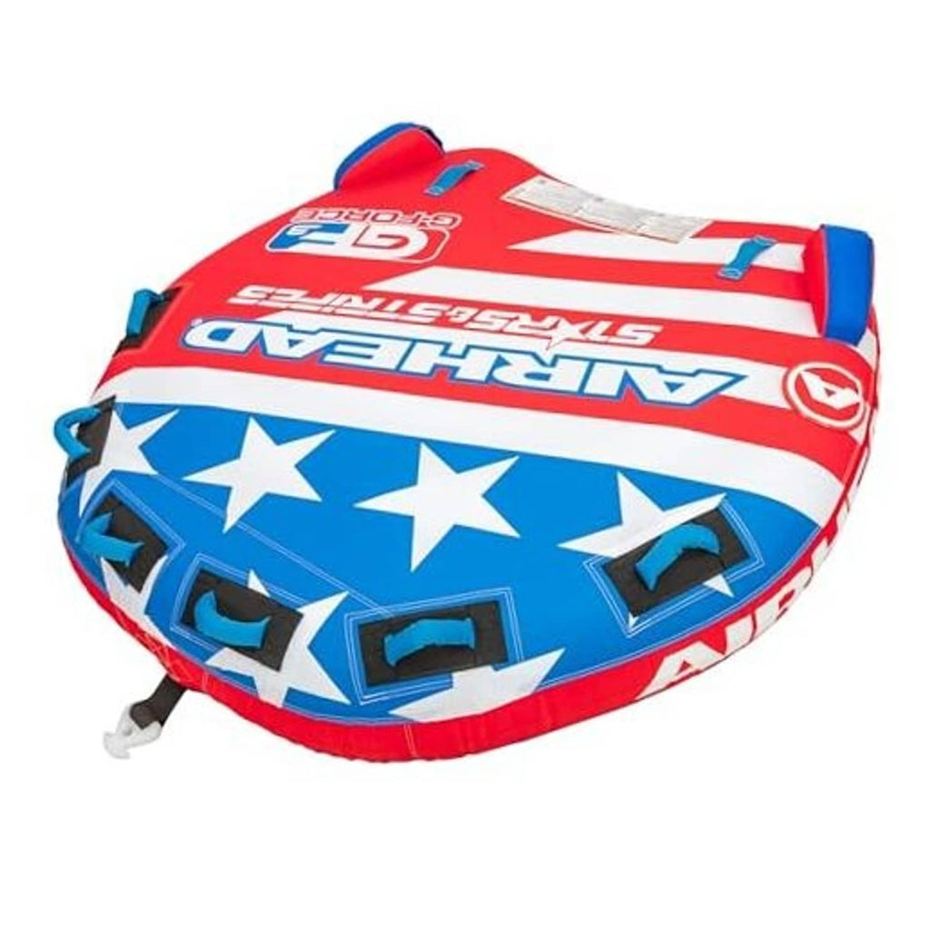 Inflatable towable tube, red and blue stars-and-stripes cover with blue handles