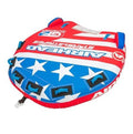 Inflatable towable tube, red and blue stars-and-stripes cover with blue handles