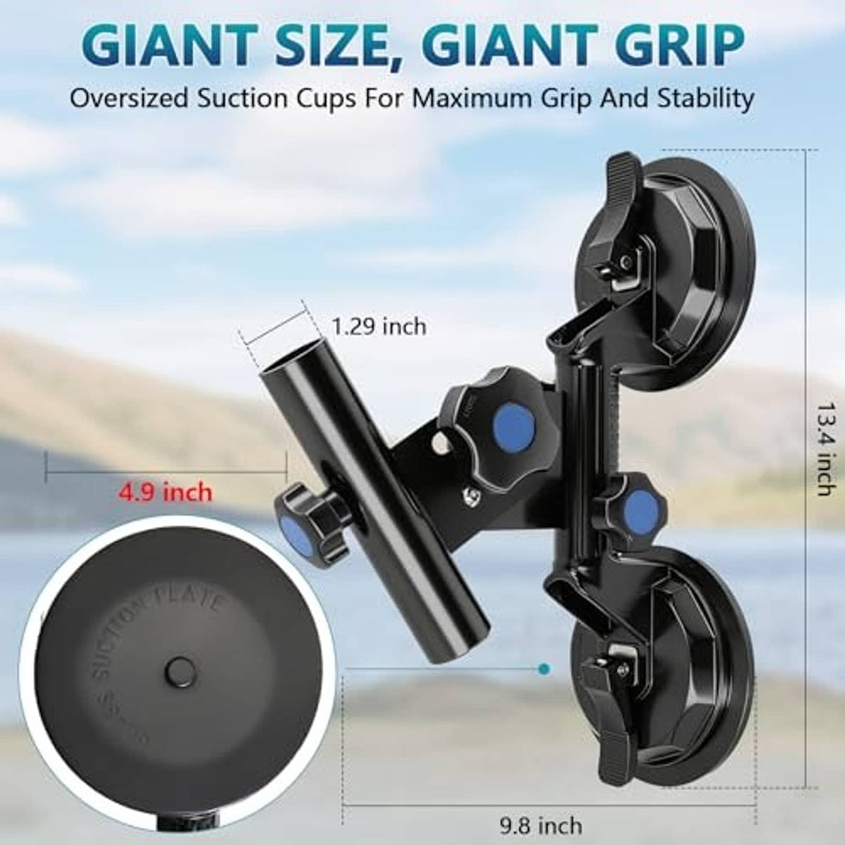 Large dual-suction cup RV flag pole holder size diagram in black mounting arms