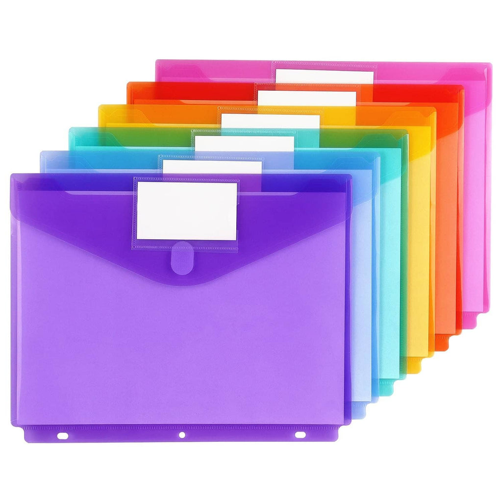 Stack of six translucent plastic binder pocket folders in purple, blue, green, yellow, orange, and pink