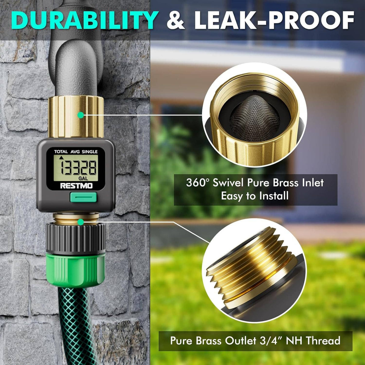 Water flow meter with brass inlet and swivel connector, small LCD display and green button