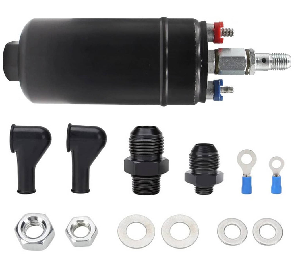 External inline electric fuel pump kit with black housing and included fittings, washers