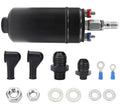 External inline electric fuel pump kit with black housing and included fittings, washers