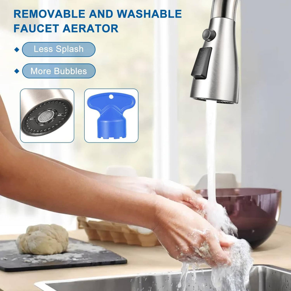 Brushed nickel kitchen faucet head replacement producing a steady water stream
