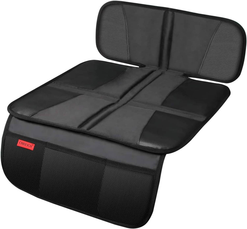 Black car seat protector mat with headrest and cushioned padded sections