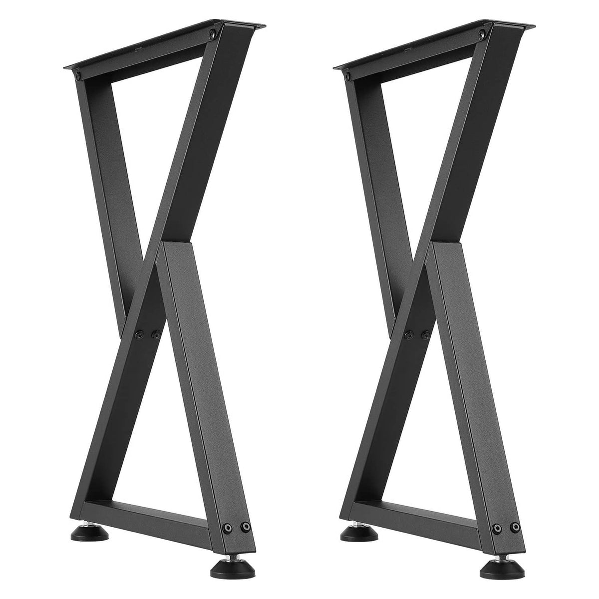 Black steel table legs set of 2 with X-shaped design and leveling feet
