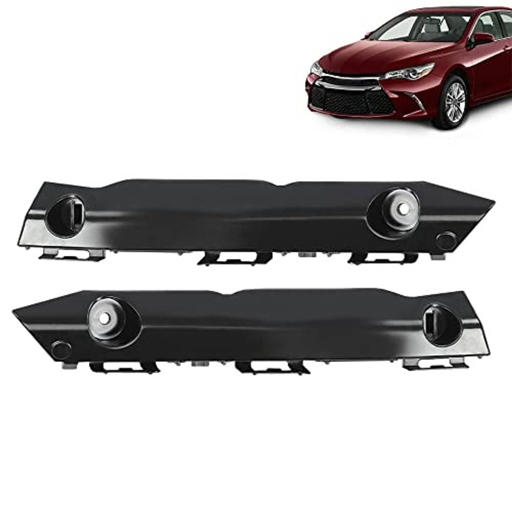 Front bumper bracket set, black plastic brackets with circular fastener points and openings