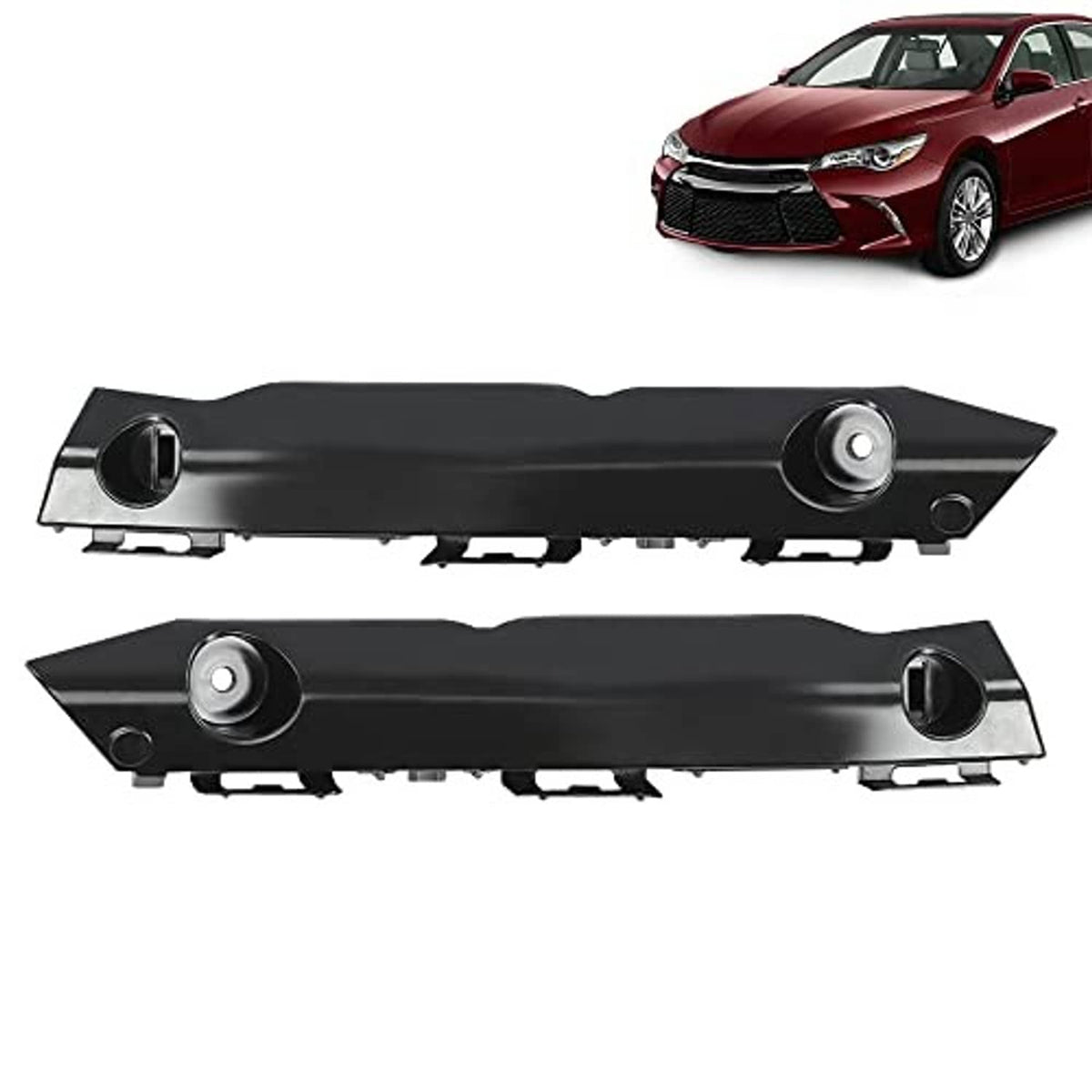 Front bumper bracket set, black plastic brackets with circular fastener points and openings