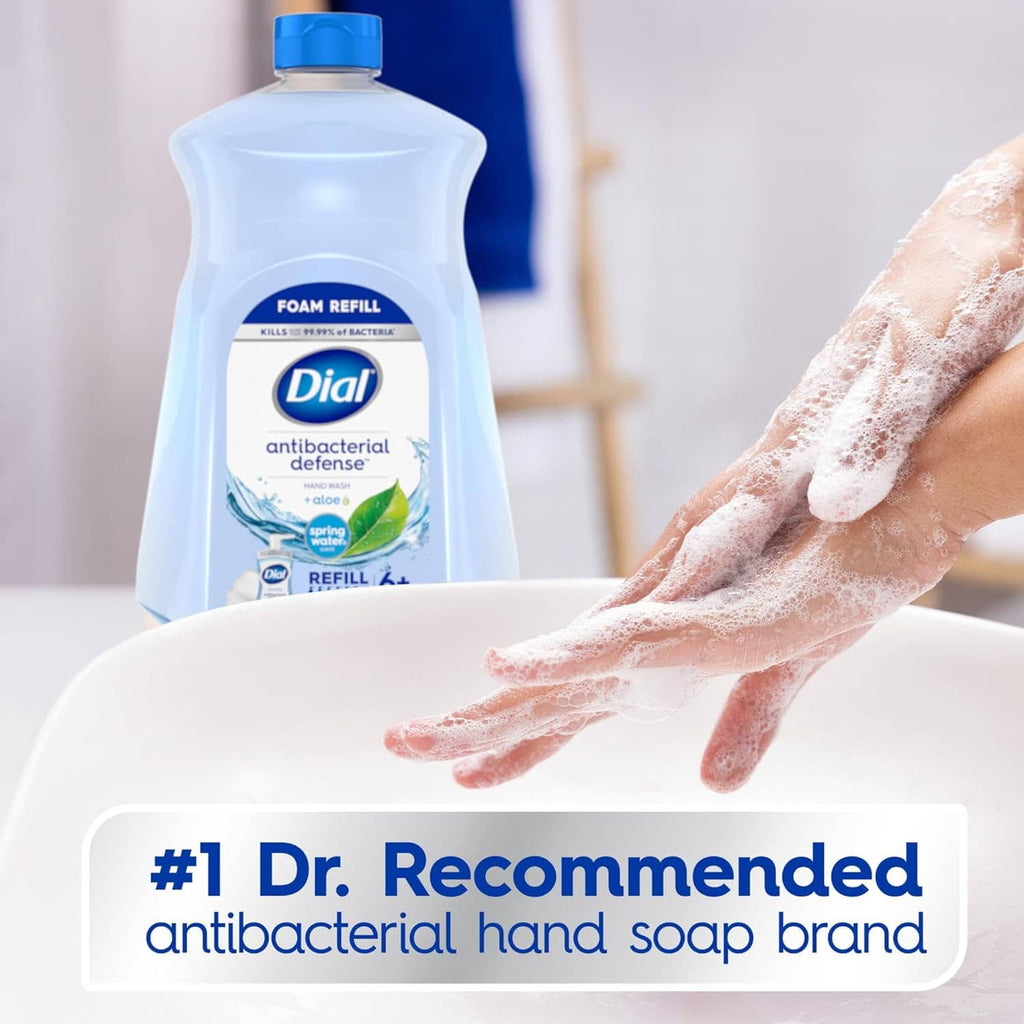 Dial antibacterial hand soap bottle with foamy hands and #1 Dr. Recommended banner