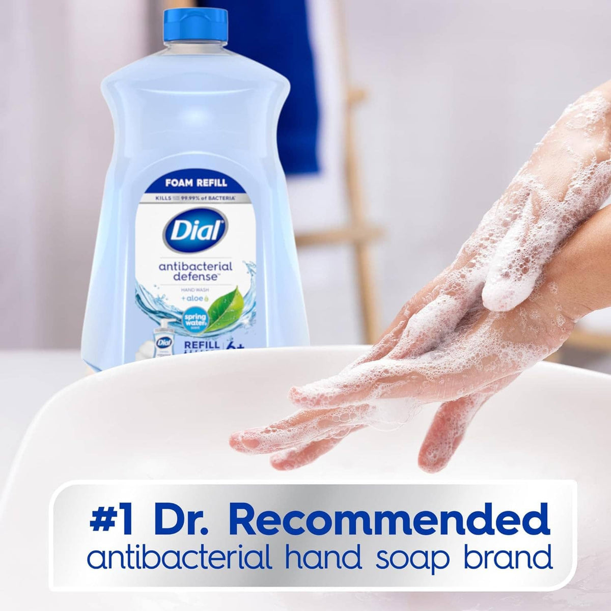 Dial antibacterial hand soap bottle with foamy hands and #1 Dr. Recommended banner