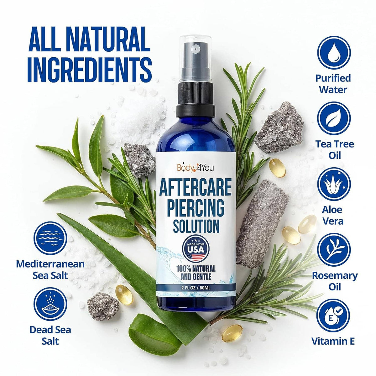 Piercing aftercare saline spray bottle with herbs and sea salt around it