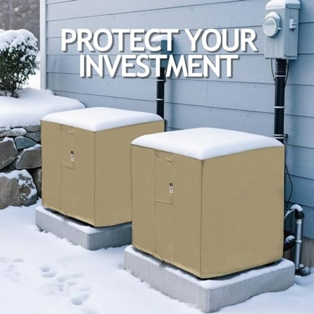 Outdoor air conditioner unit cover in tan with front panel and drawcord, on snowy pads