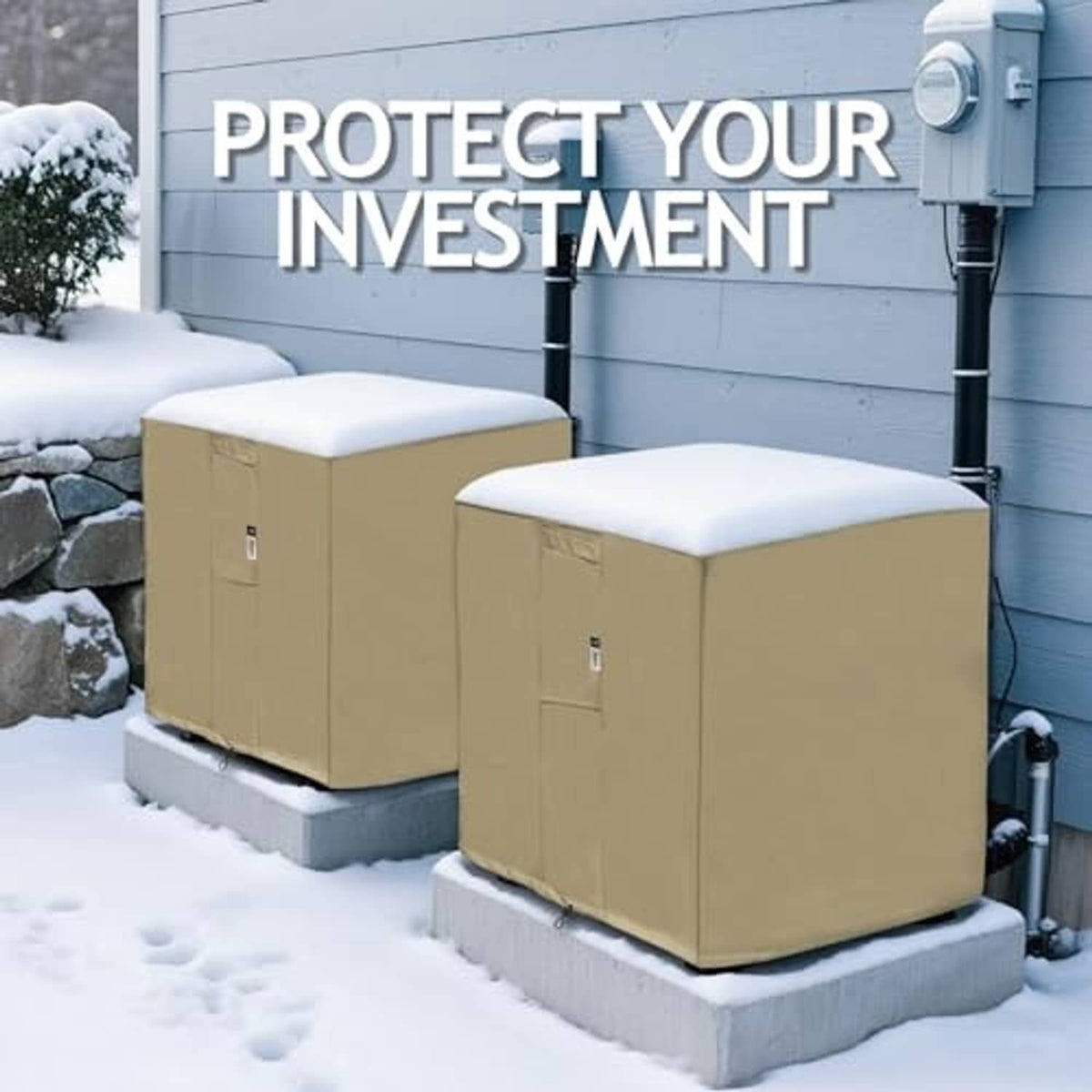 Outdoor air conditioner unit cover in tan with front panel and drawcord, on snowy pads