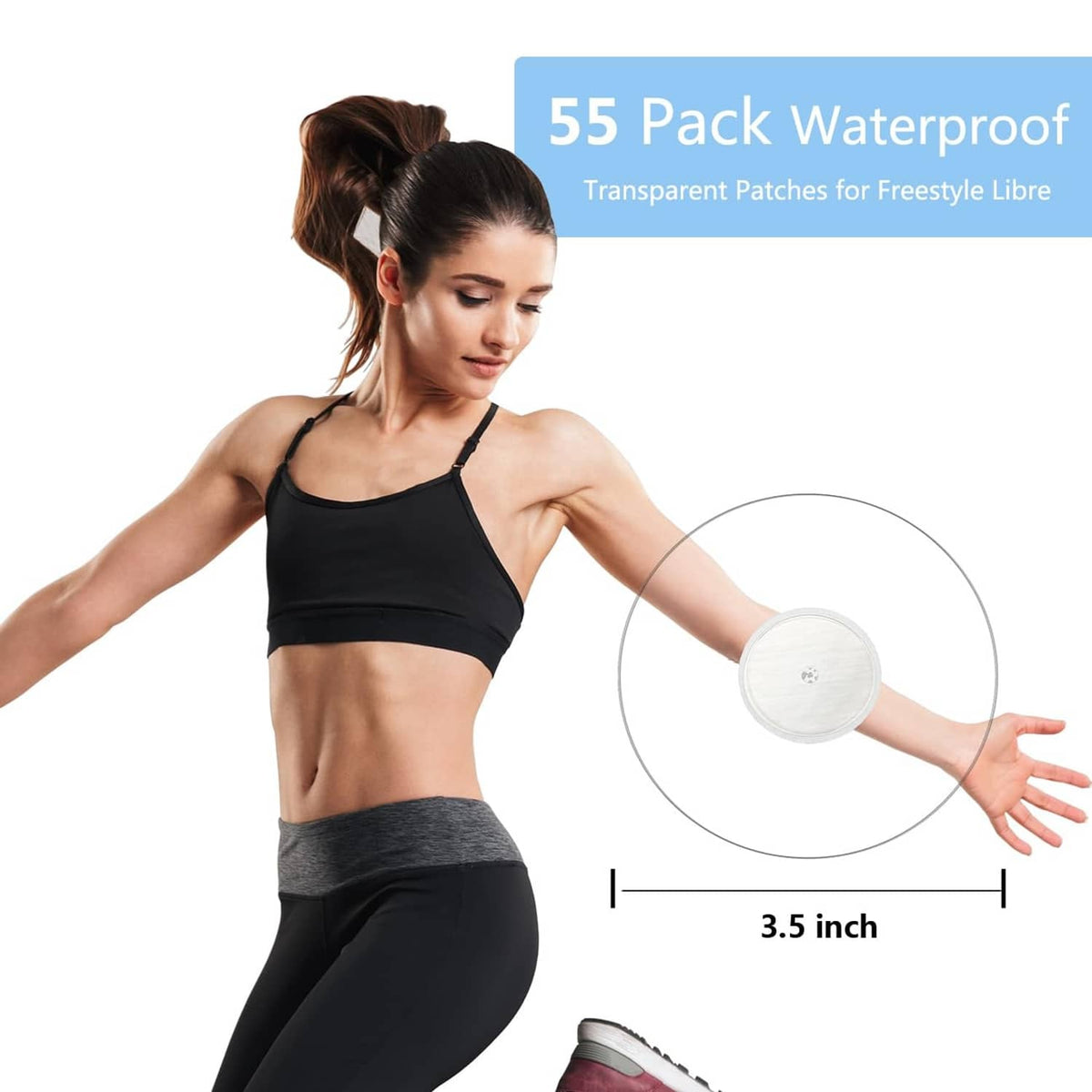 3.5-inch round transparent adhesive patch on arm for sensor coverage