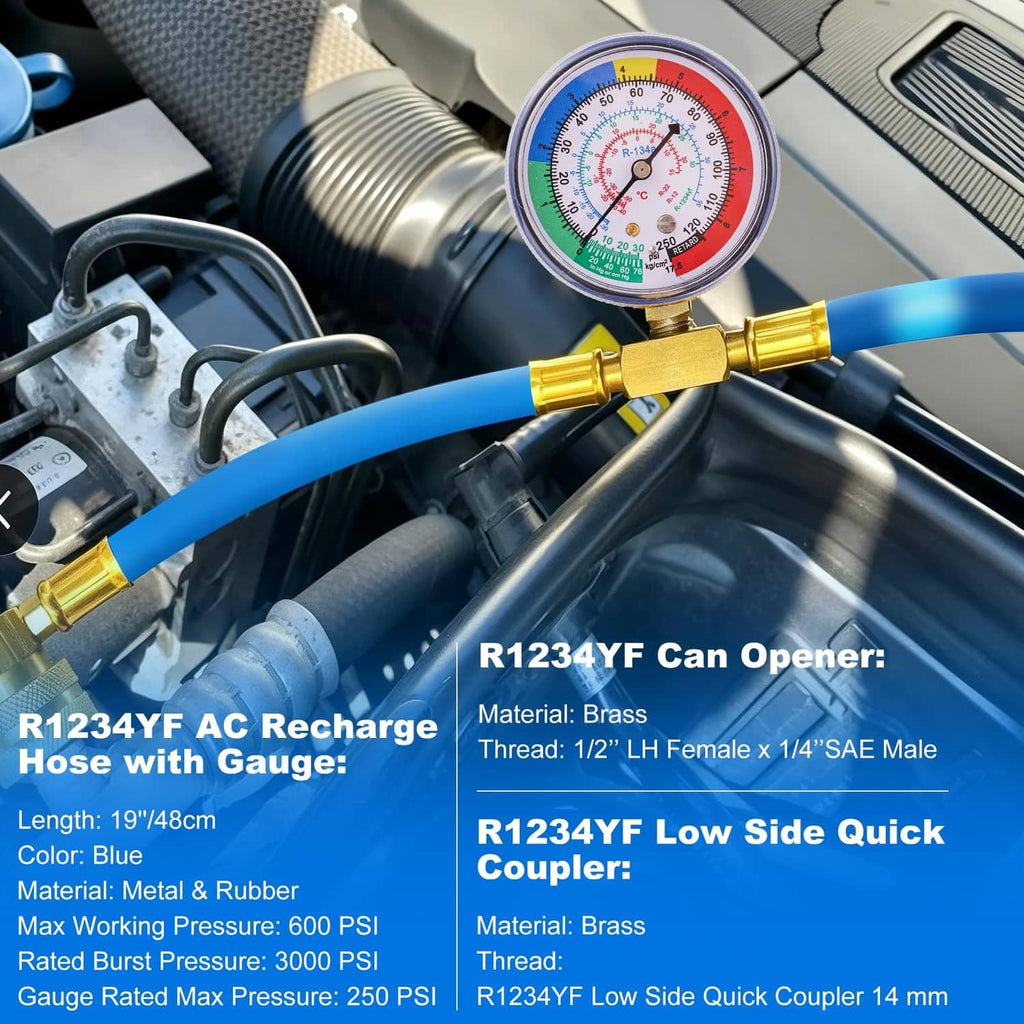 Brass-and-blue AC recharge hose with low-side pressure gauge connected on vehicle