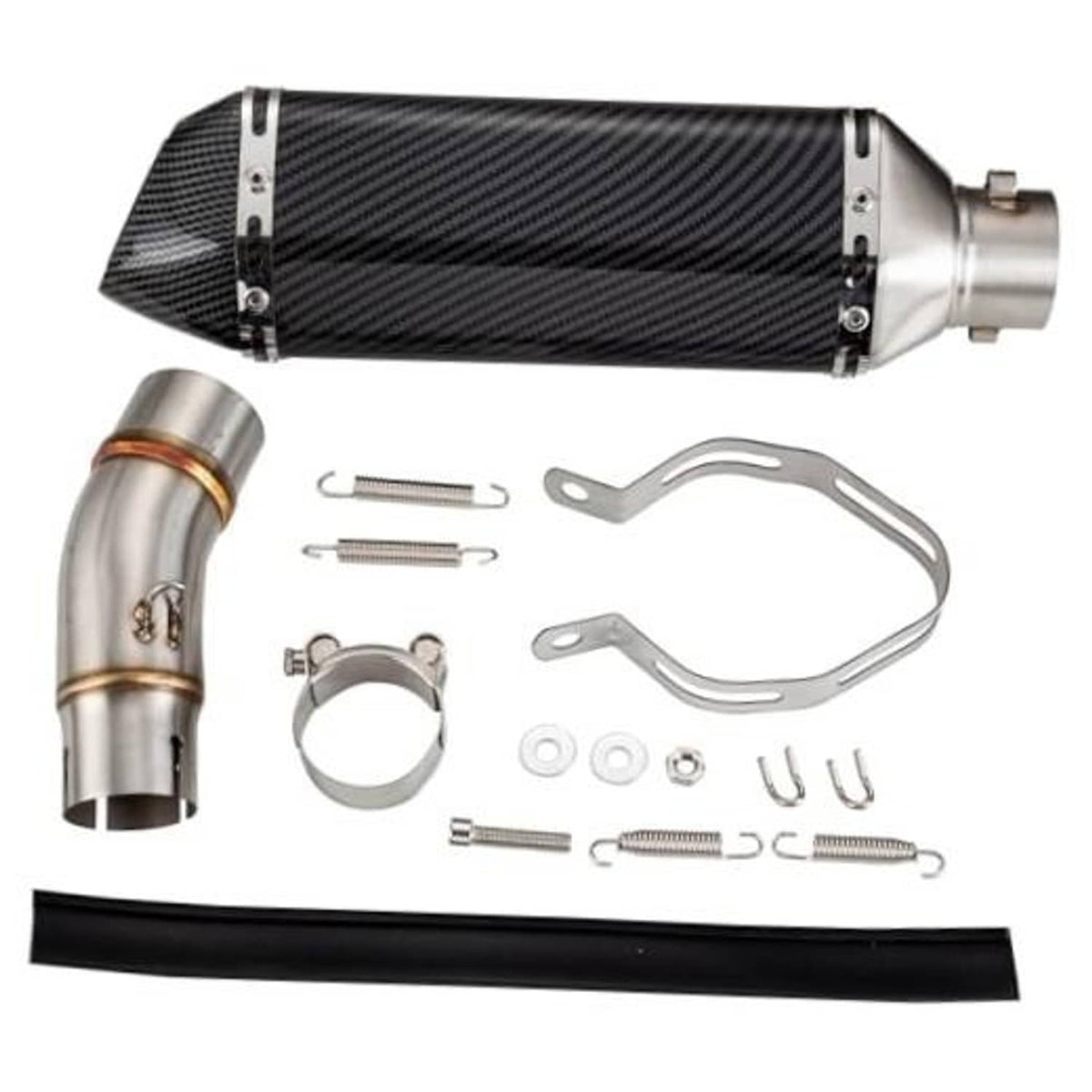 Motorcycle muffler mid pipe adapter with carbon-fiber style muffler and stainless outlet