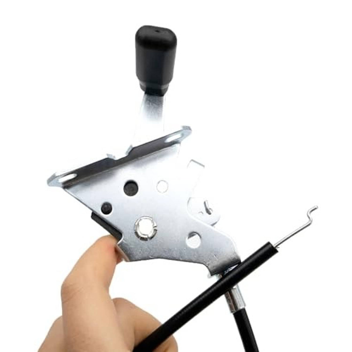 Throttle cable control bracket with black rubber knob and attached black cable