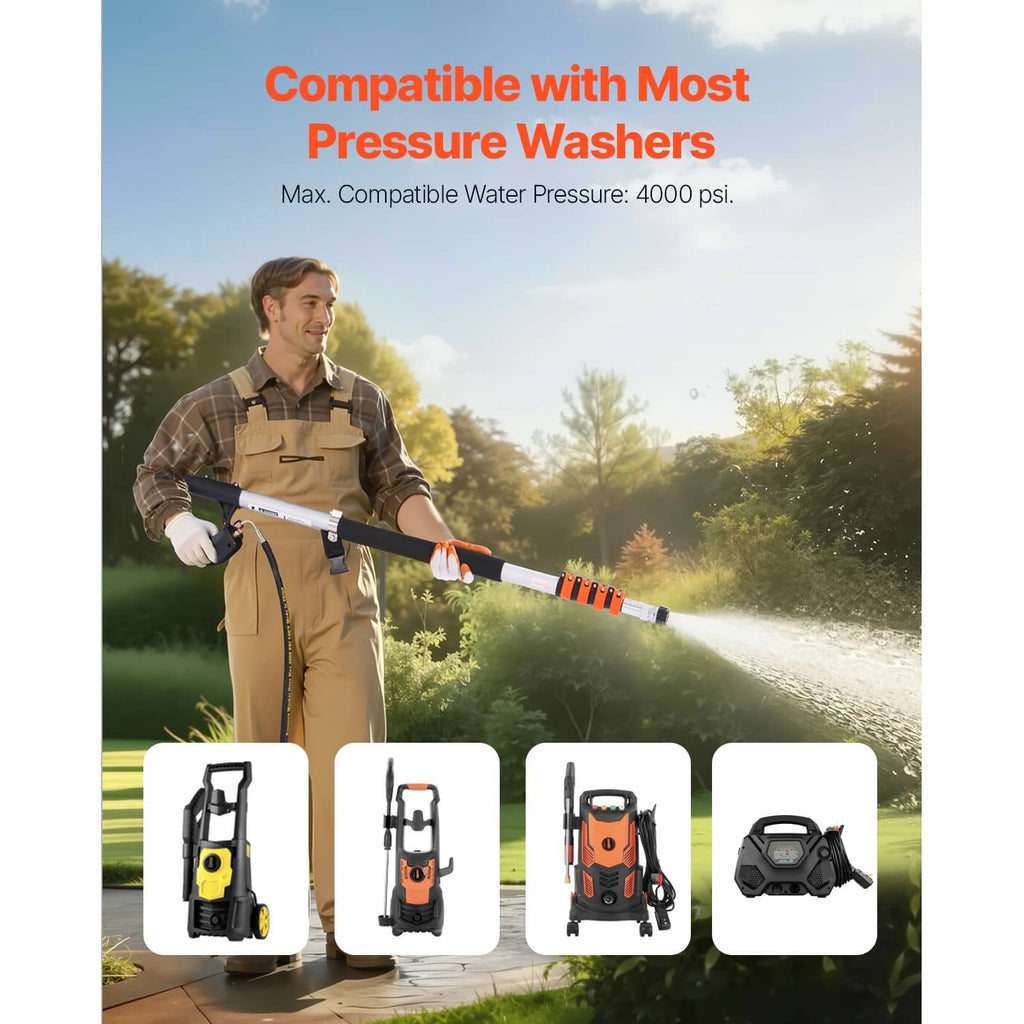 Telescoping pressure washer wand kit with spray gun, multiple nozzles, and harness