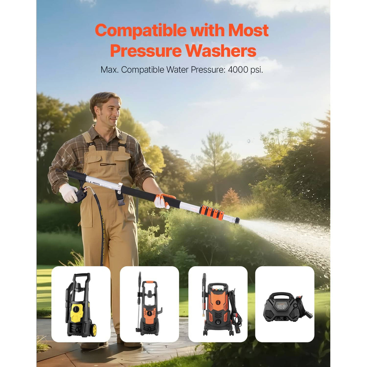 Telescoping pressure washer wand kit with spray gun, multiple nozzles, and harness