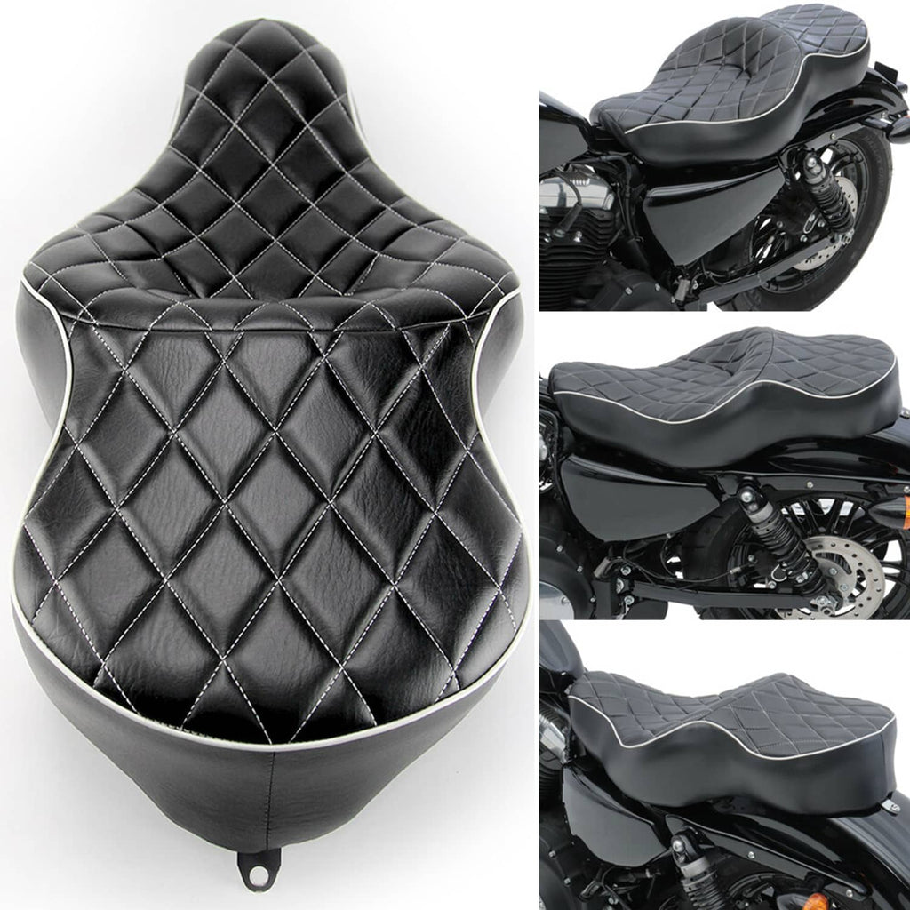 Two-up seat cushion, black diamond quilting with white piping, front and side views