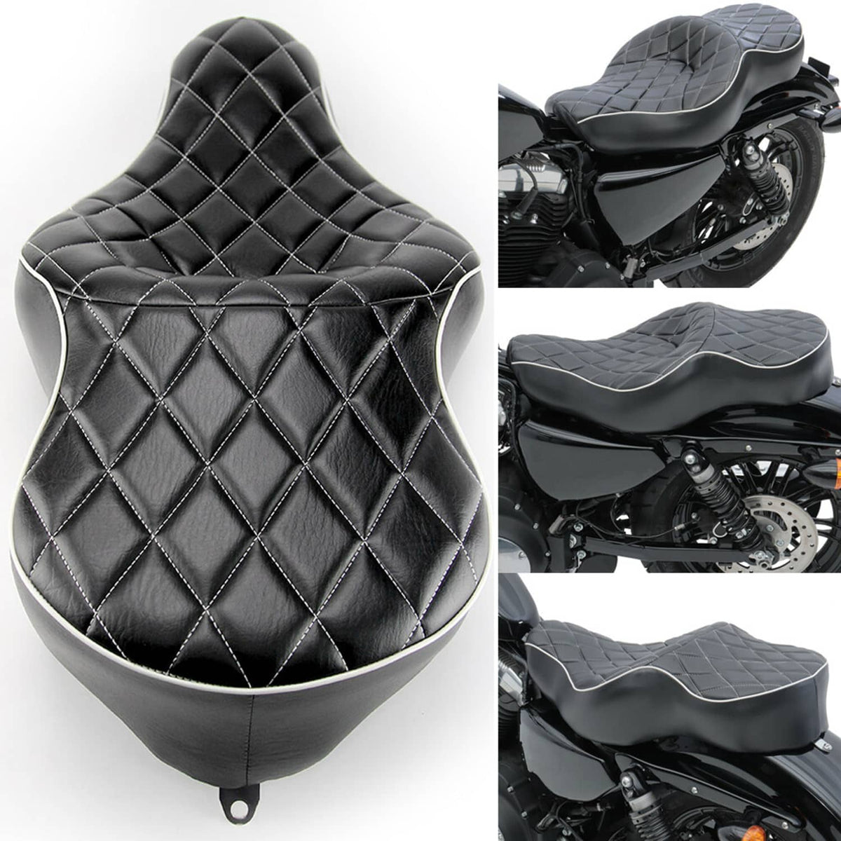 Two-up seat cushion, black diamond quilting with white piping, front and side views