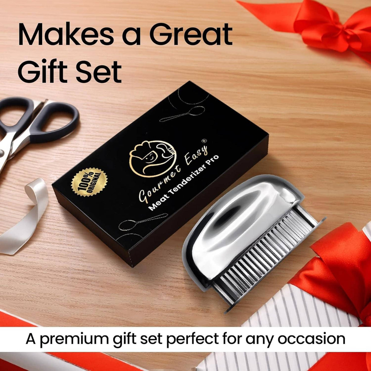 Meat tenderizer gift set with chrome tool and retail box packaging