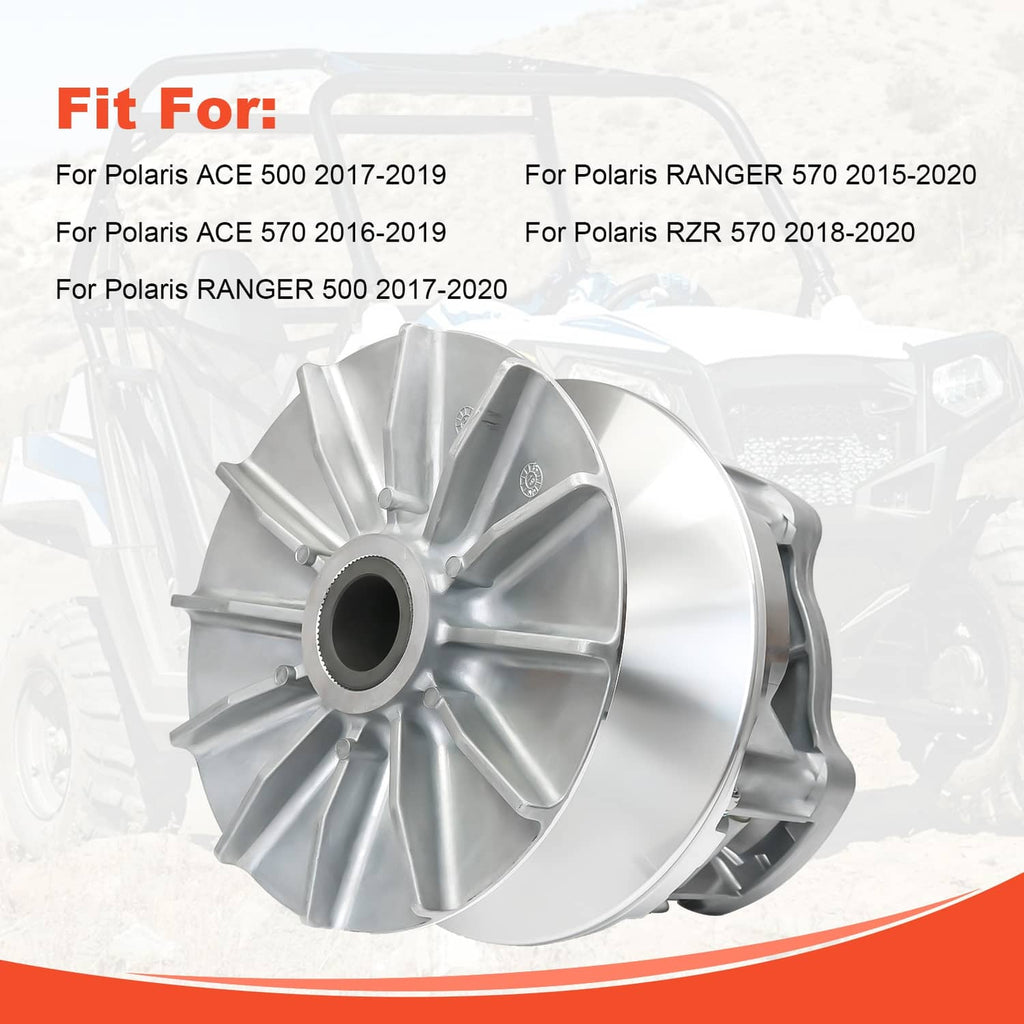 Primary drive clutch, large silver pulley with radial fins and central opening