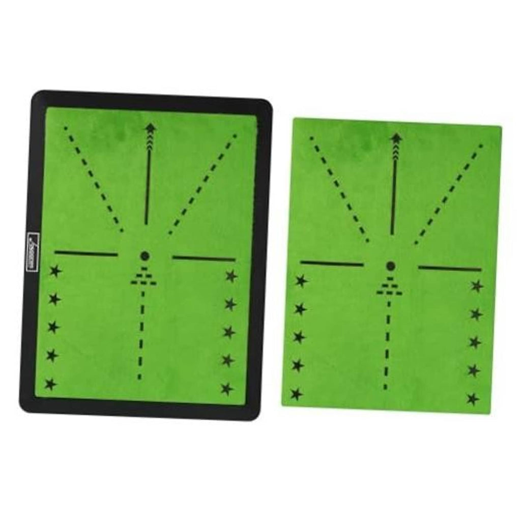 Golf hitting mat with green top, black border, and dashed swing path guide lines