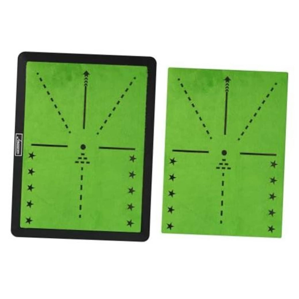 Golf hitting mat with green top, black border, and dashed swing path guide lines