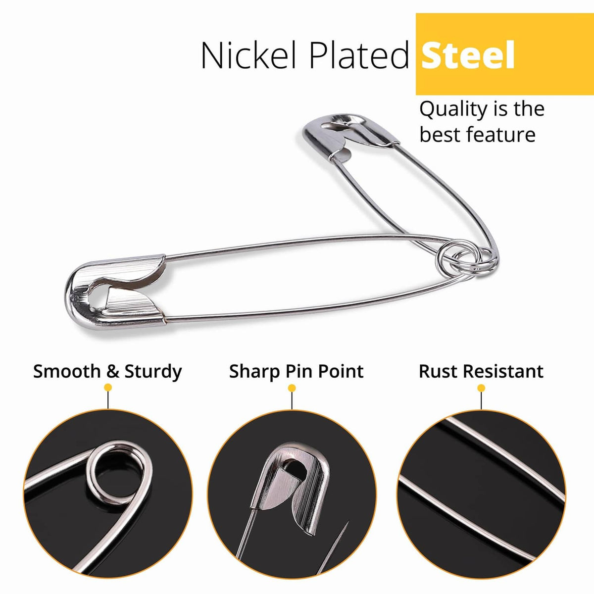 Polished steel safety pin with sharp point and coiled clasp