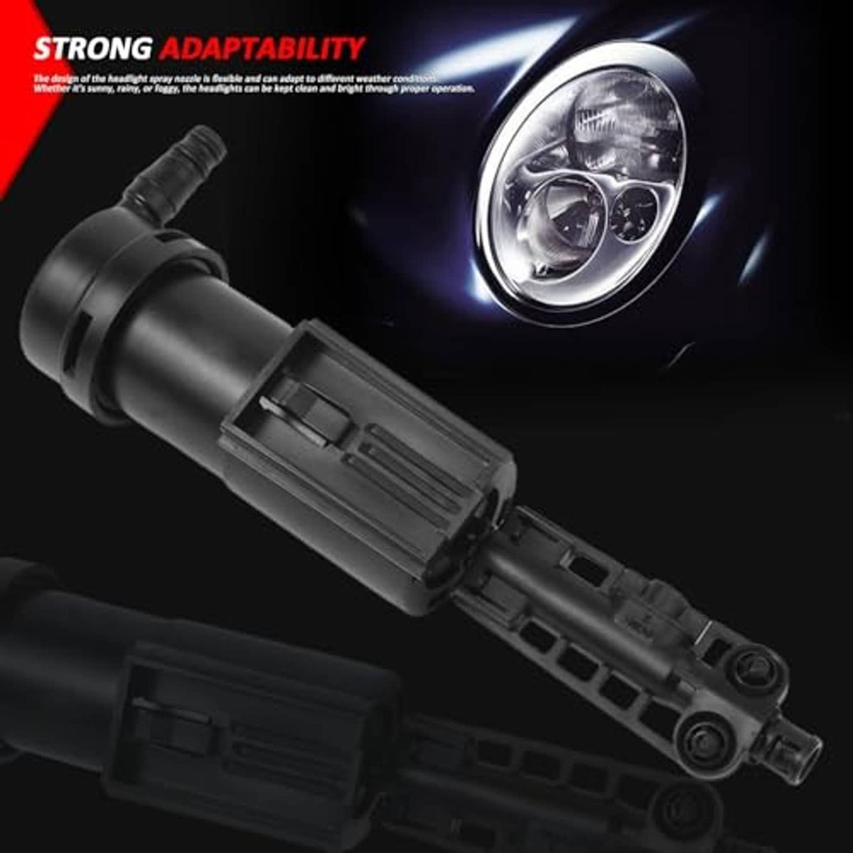 Black headlight washer jet nozzle near headlamp, with spray outlet and bracket