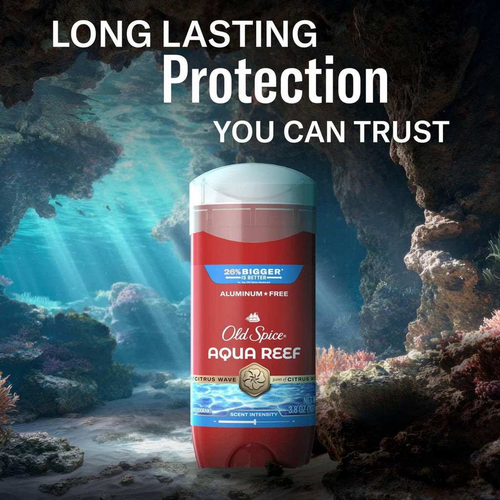 Old Spice Aqua Reef deodorant stick, red base with clear cap and blue band.