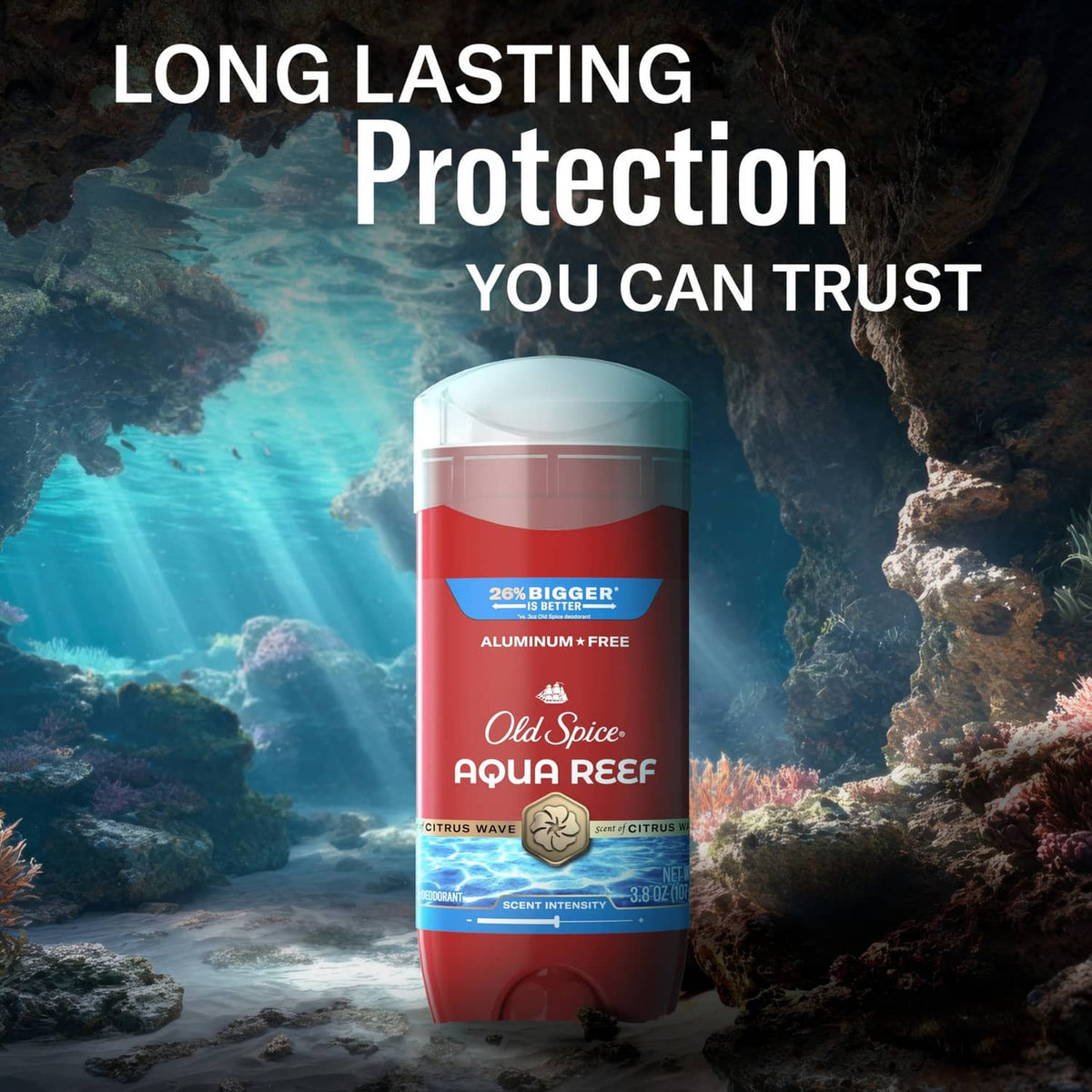 Old Spice Aqua Reef deodorant stick, red base with clear cap and blue band.