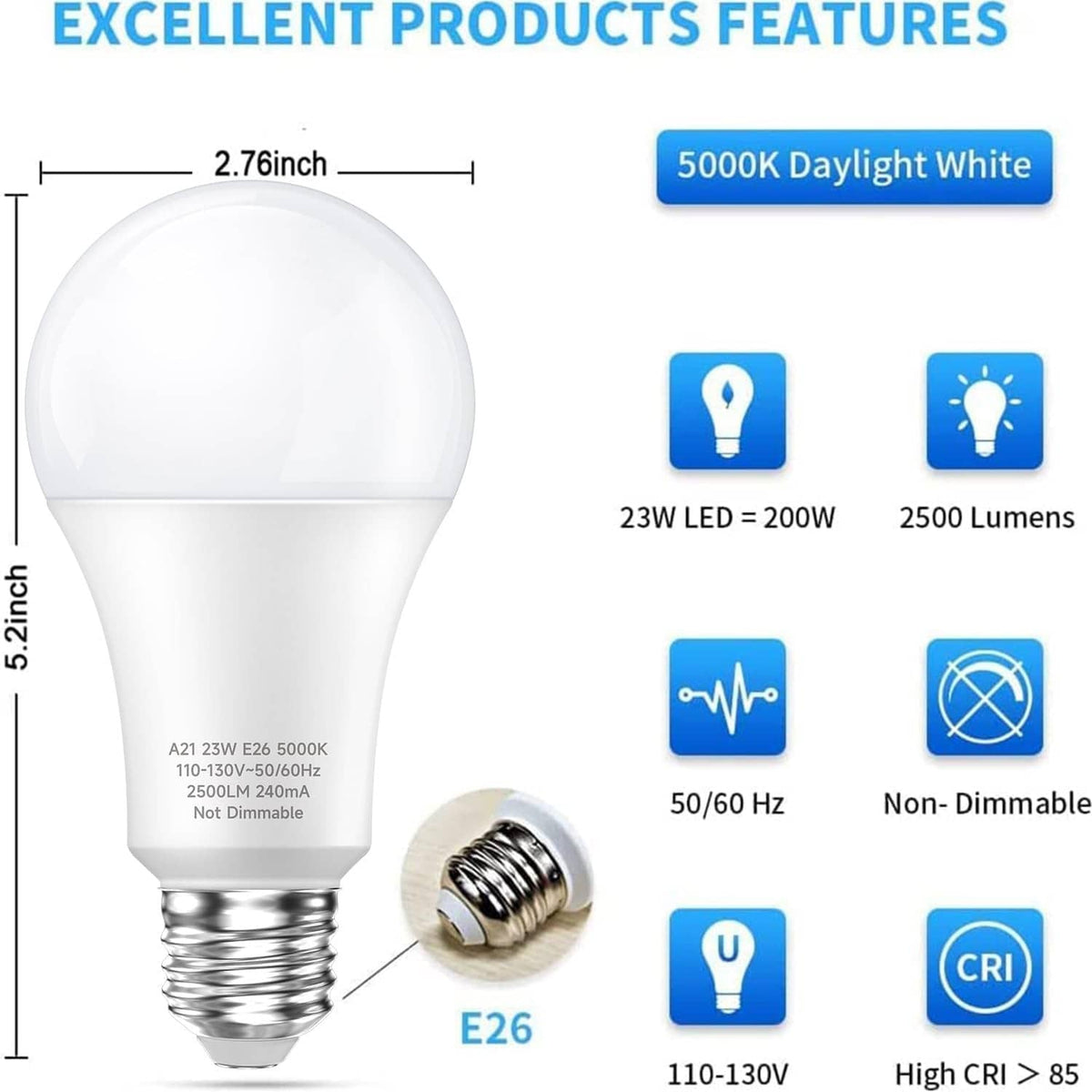 Frosted A21 LED bulb with E26 base, daylight white 5000K and size shown.