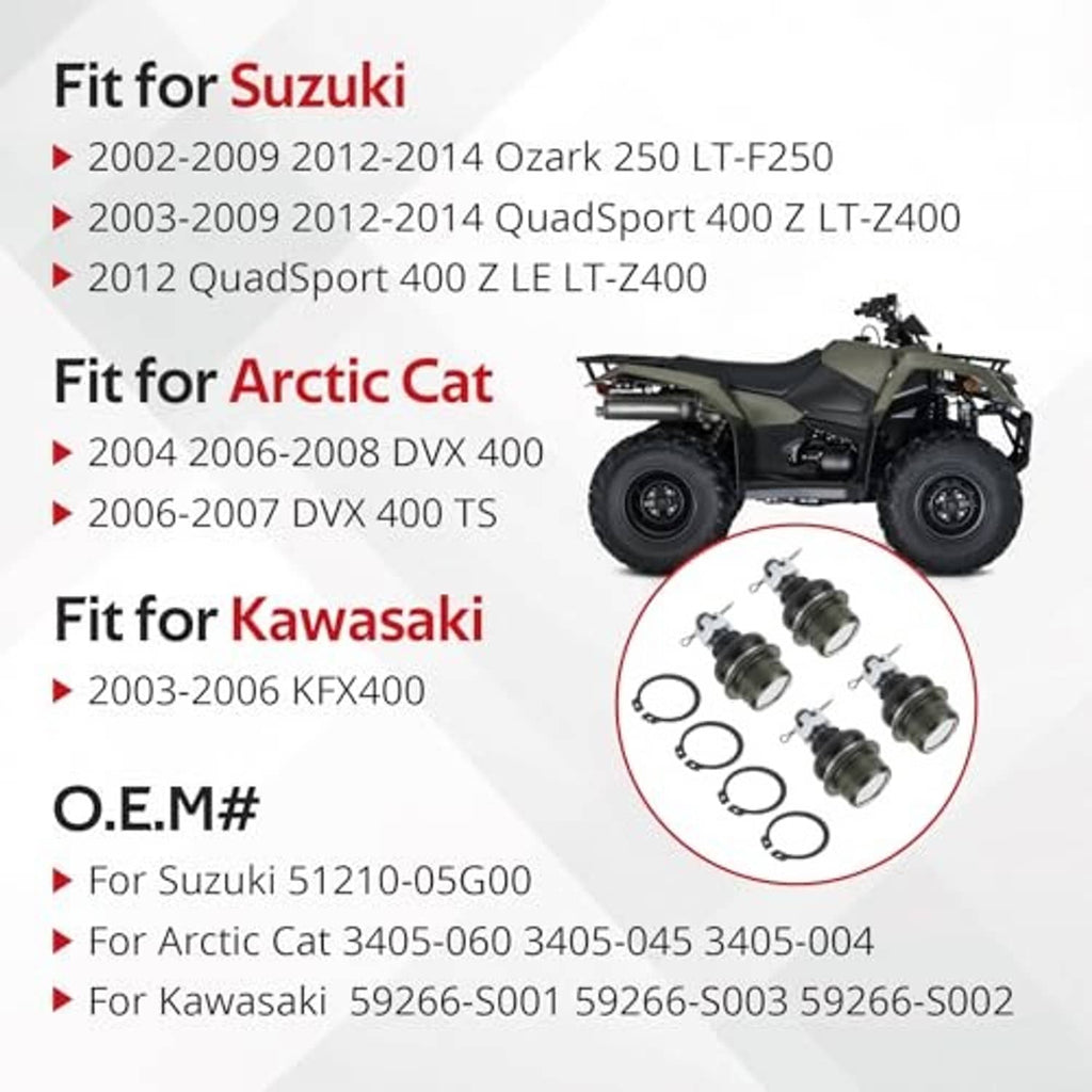 A-arm ball joint kit shown with compatibility guide and bundled hardware assortment