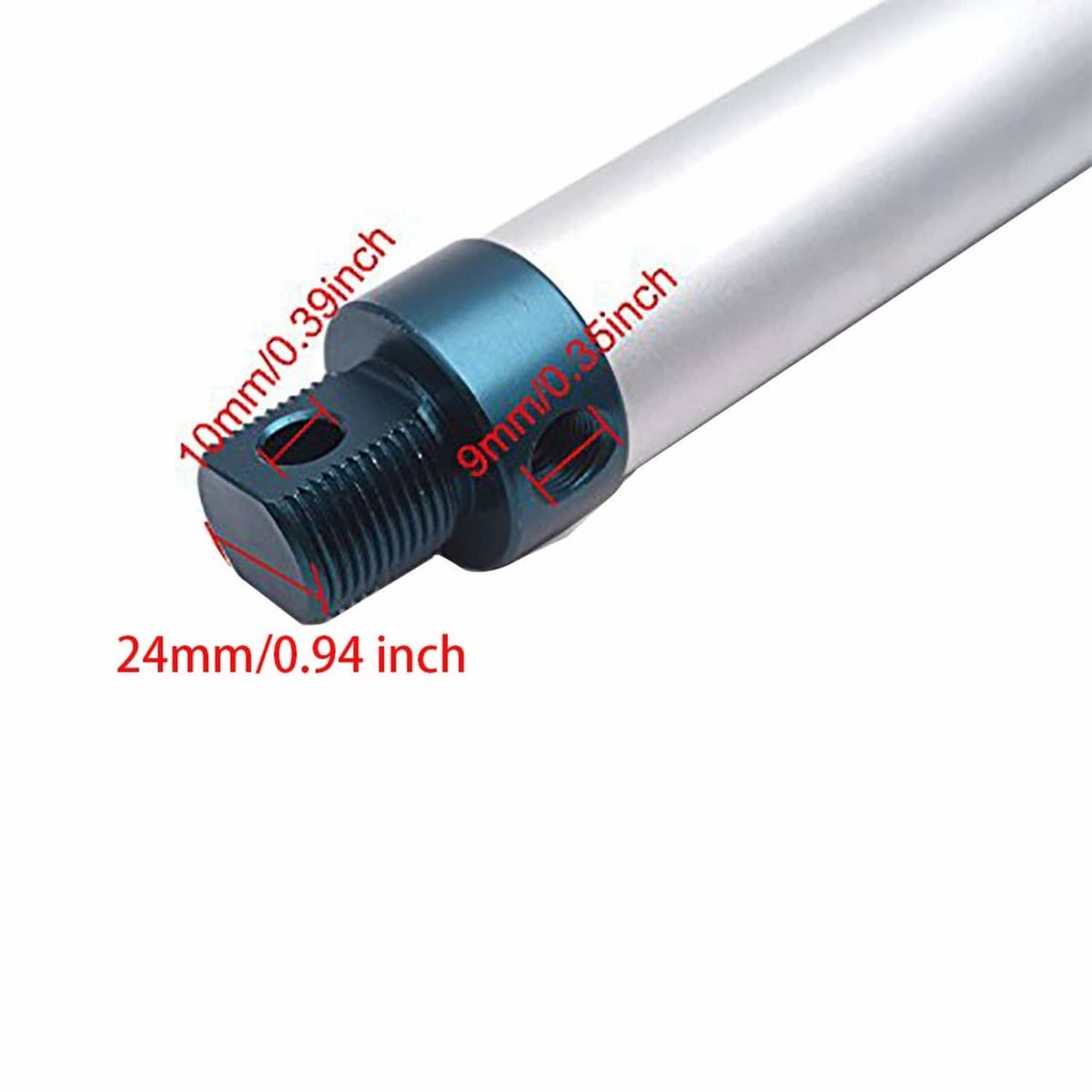 Pneumatic air cylinder close-up of threaded mounting section with dark blue collar.